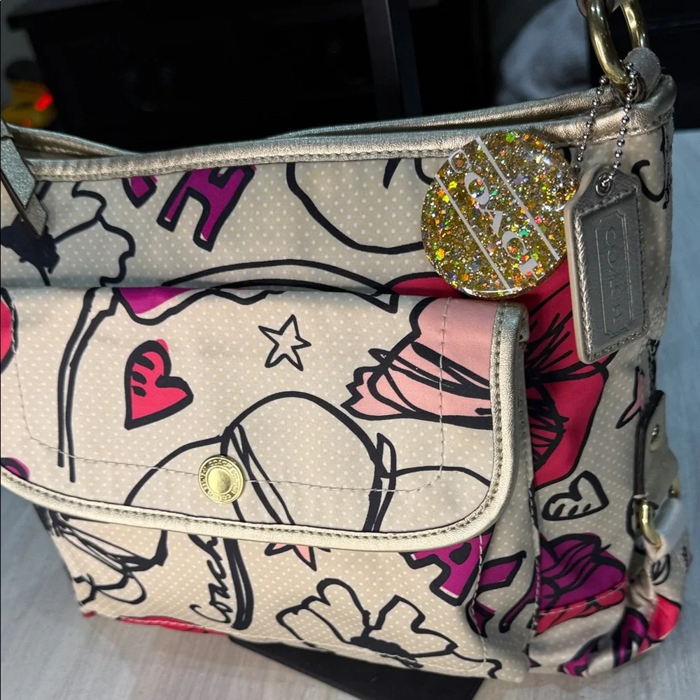 Coach Poppy Beige and Pink Floral Graphic Shoulder Bag